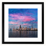 Extra large abstract art print of Chicago skyline in vibrant, colorful textures, framed in black.