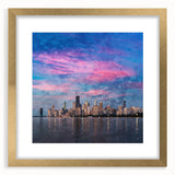Extra large abstract art print of Chicago skyline in muted gray and gold tones on a framed canvas.
