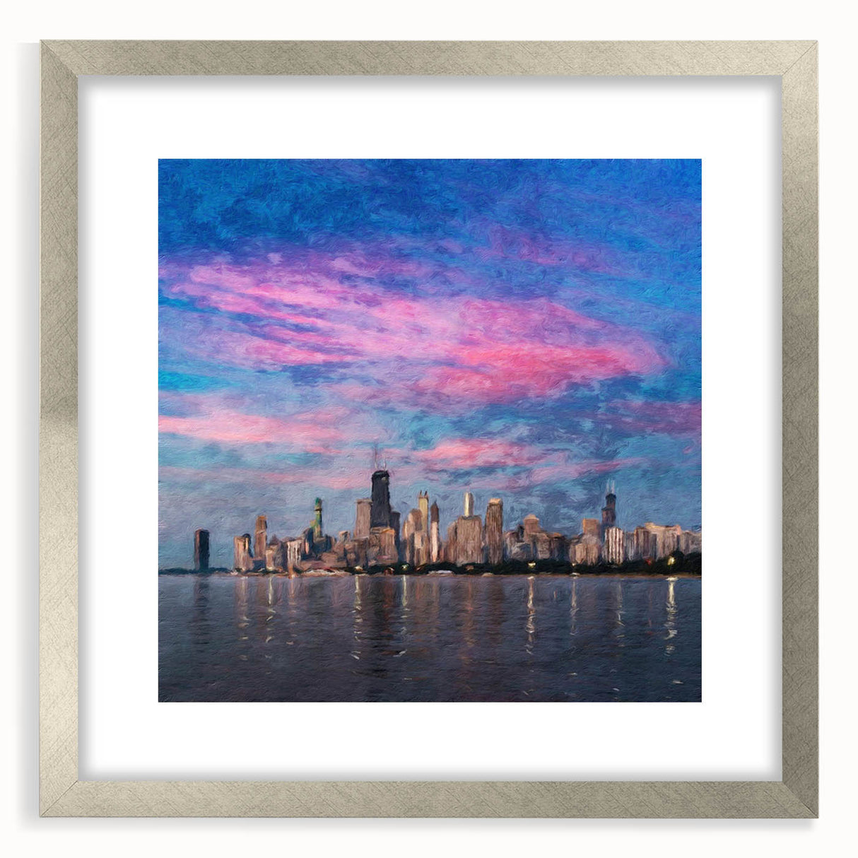 Textured art print of an abstract Chicago skyline in muted silver and gray tones on a framed canvas, ideal for bedroom decor.