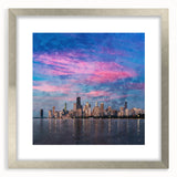 Textured art print of an abstract Chicago skyline in muted silver and gray tones on a framed canvas, ideal for bedroom decor.