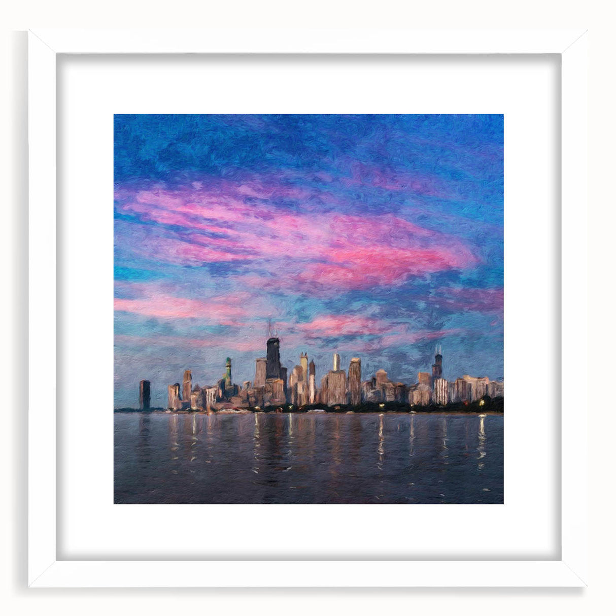 Abstract art print of Chicago skyline in muted gray and blue tones on a framed white mat.