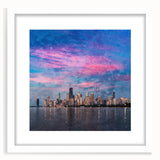 Abstract art print of Chicago skyline in muted gray and blue tones on a framed white mat.