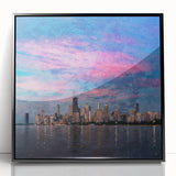 Large abstract wall art of Chicago skyline in black and white tones, framed acrylic, ideal for modern art wall decor.