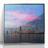 Mid-century modernist art depicting Chicago skyline in muted blue tones on a framed acrylic print.