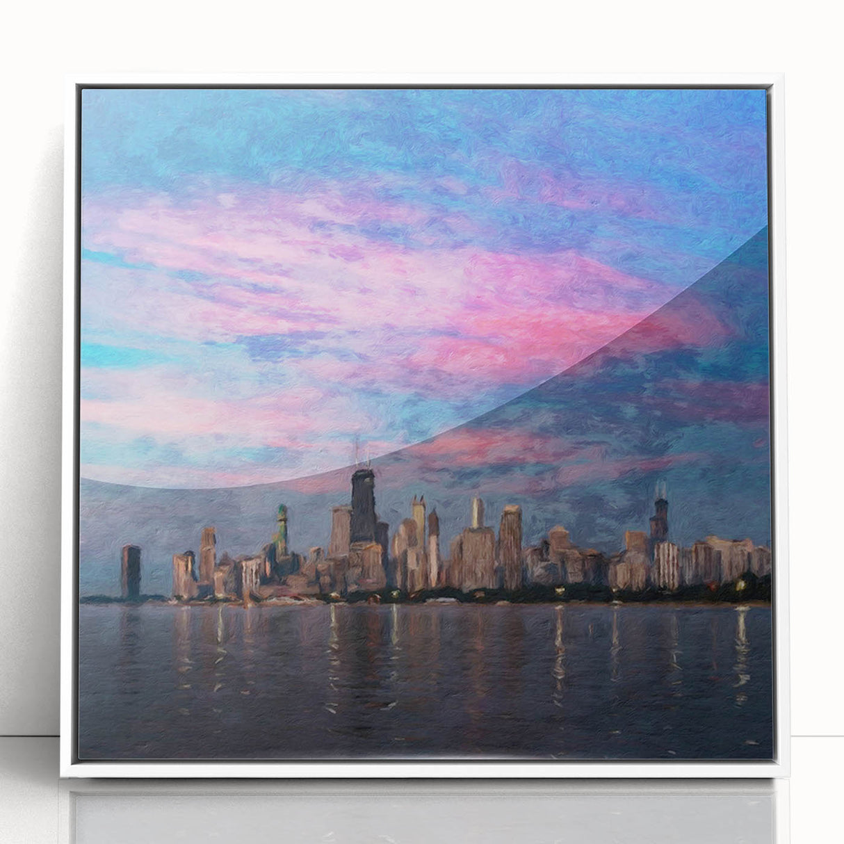 Art Deco style Chicago skyline poster in muted gray and blue tones, framed acrylic, ideal for modern art wall decor.