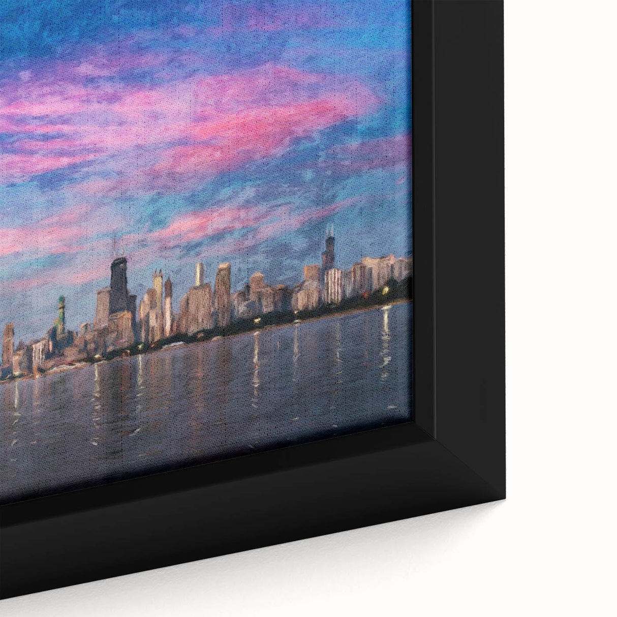 Extra large framed canvas featuring a textured depiction of the Chicago skyline in black with colorful accents.