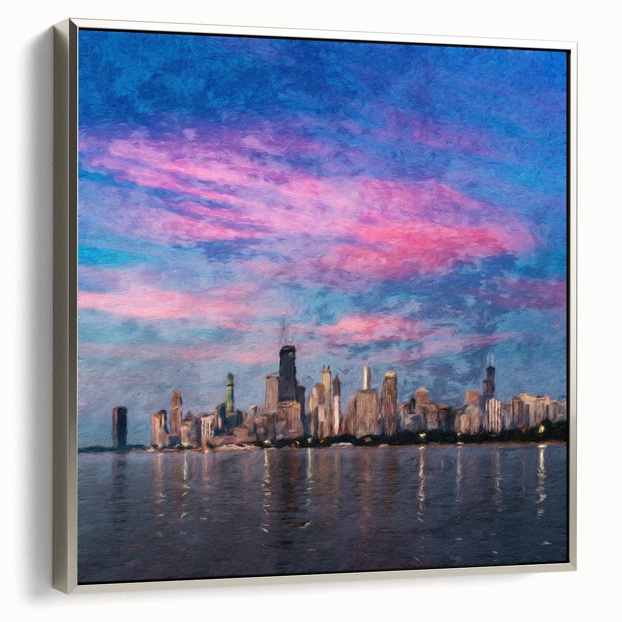 Framed canvas featuring a vintage-style Chicago landscape in colorful hues.