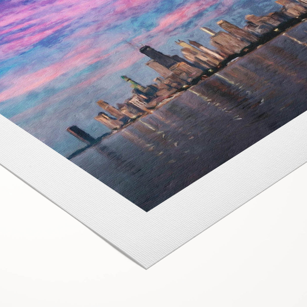 Art deco poster of Chicago skyline in monochrome, rolled canvas, suited for dining room wall.