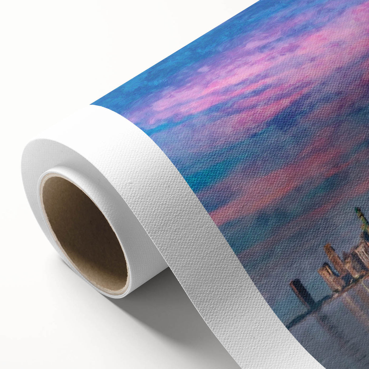 Art Deco style poster of Chicago skyline in muted gold and navy, rolled canvas, ideal for nursery wall art.