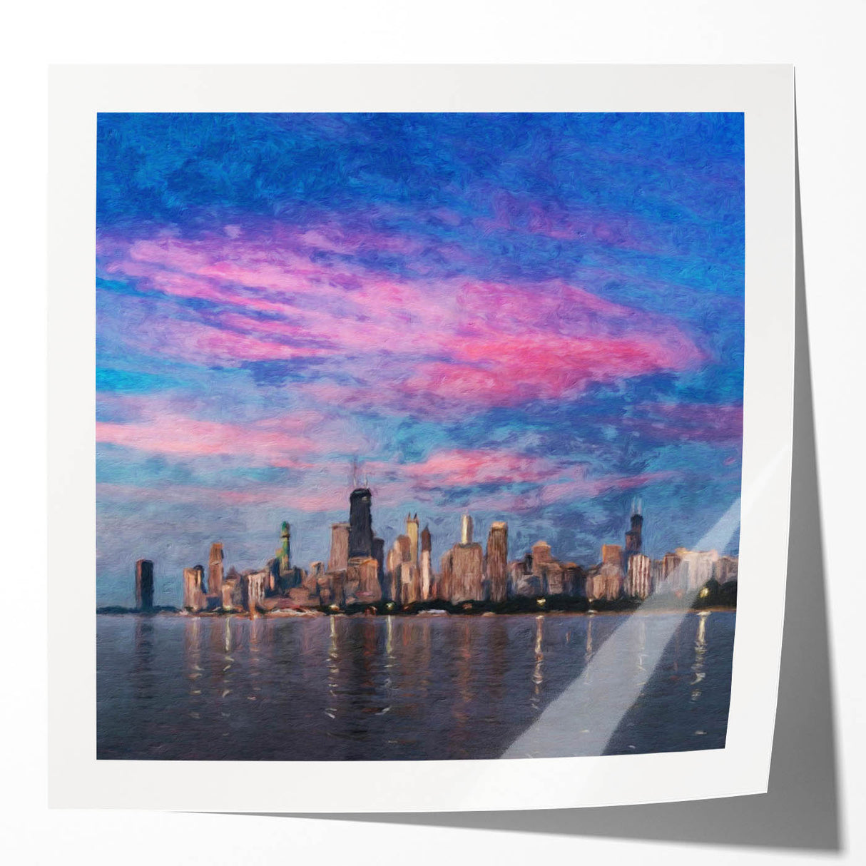 Extra large rolled print of Chicago skyline with muted gray and blue tones, ideal for art wall dining room.
