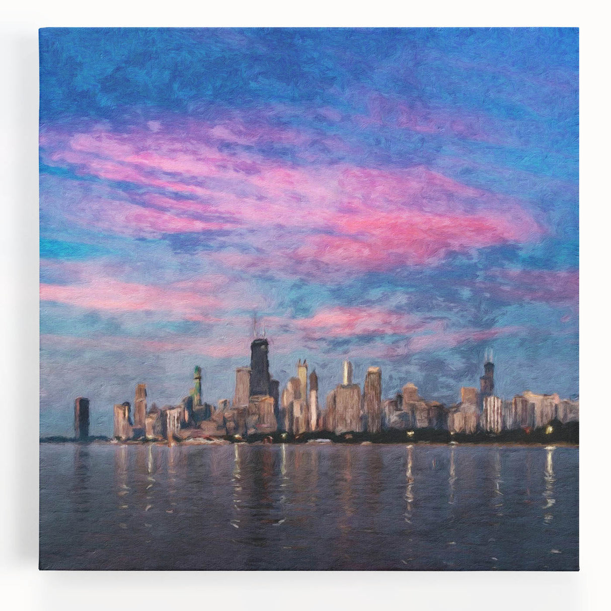 Black and white stretched canvas of Chicago skyline, ideal for kitchen wall art.