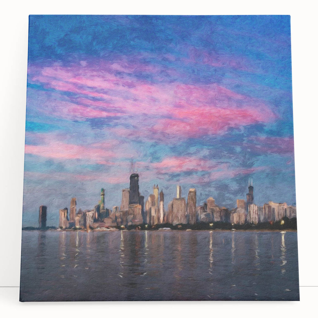 Black and white large art print of Chicago skyline on stretched canvas, ideal for kitchen wall art.