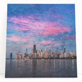 Black and white large art print of Chicago skyline on stretched canvas, ideal for kitchen wall art.