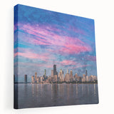 Panoramic view of Chicago skyline in muted blue and gray tones on stretched canvas, ideal for kitchen wall art.