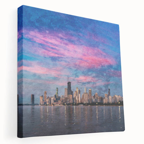 Panoramic view of Chicago skyline in muted blue and gray tones on stretched canvas, ideal for kitchen wall art.