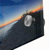 Large abstract depiction of Lake Michigan in muted blue tones on acrylic glass.