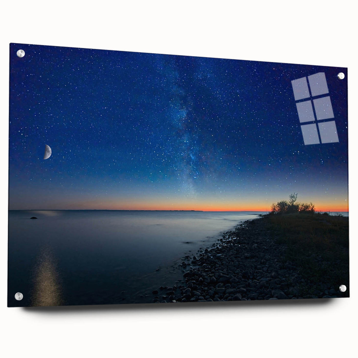 Acrylic print of Lake Michigan with muted blue and gray tones, ideal for dining room art.