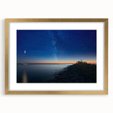 Extra large framed wall art depicting an abstract interpretation of Lake Michigan in textured shades of blue and gray.