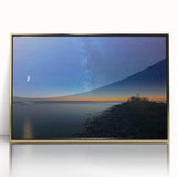 Large art print of Lake Michigan in mid-century modernist style, framed in gold acrylic, ideal for modern art wall decor.