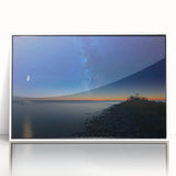 Art deco style poster of Lake Michigan, featuring muted blue and white tones on framed acrylic.