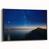 Black and white framed canvas of Lake Michigan, ideal for bedroom wall art with a vintage poster art style.