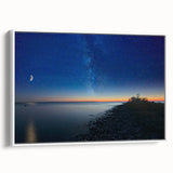 Vintage poster art of Lake Michigan with colorful art palette, framed in white, ideal for living room decor.