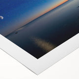 Art deco poster of Lake Michigan, in muted blue and gray tones on rolled canvas, suitable for dining room wall art.