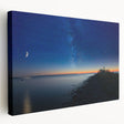 Lake Michigan scene in muted blue tones on stretched canvas, ideal for kitchen wall art.