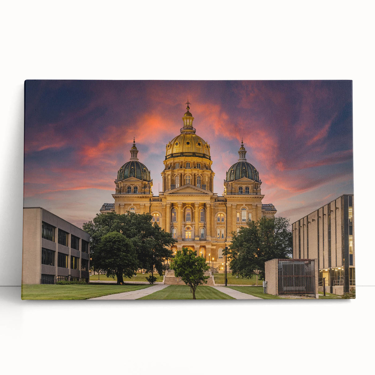 Black and white photograph of a serene Iowa landscape on stretched canvas, ideal for kitchen wall art.