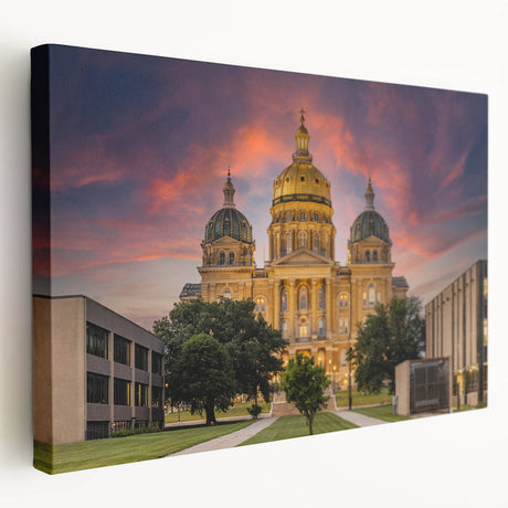 Scenic Iowa landscape on a large stretched canvas, featuring soft green and blue tones, ideal for kitchen wall art.
