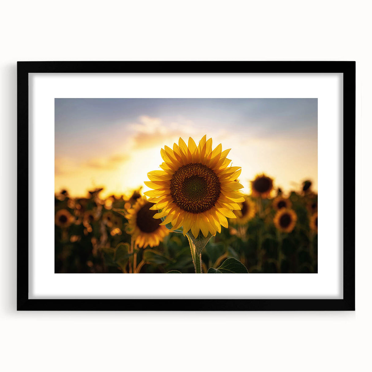 Abstract art print of colorful, textured scenery, framed in black, ideal for living room decor.