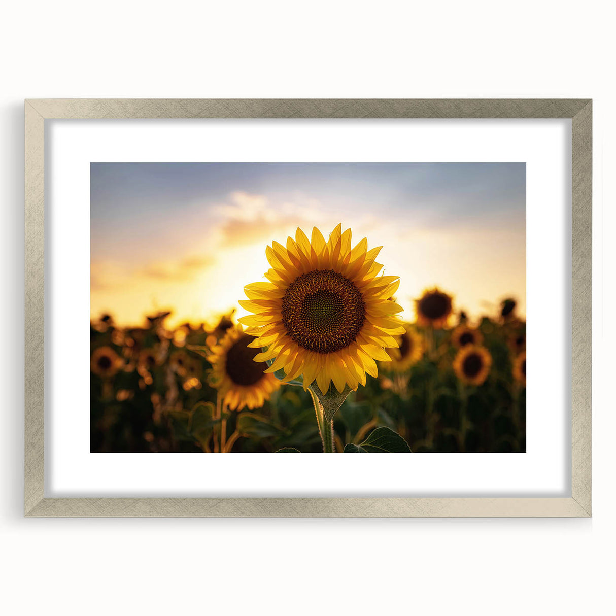 Textured art depicting a muted abstract landscape in silver frame, ideal for modern bedroom ambiance.
