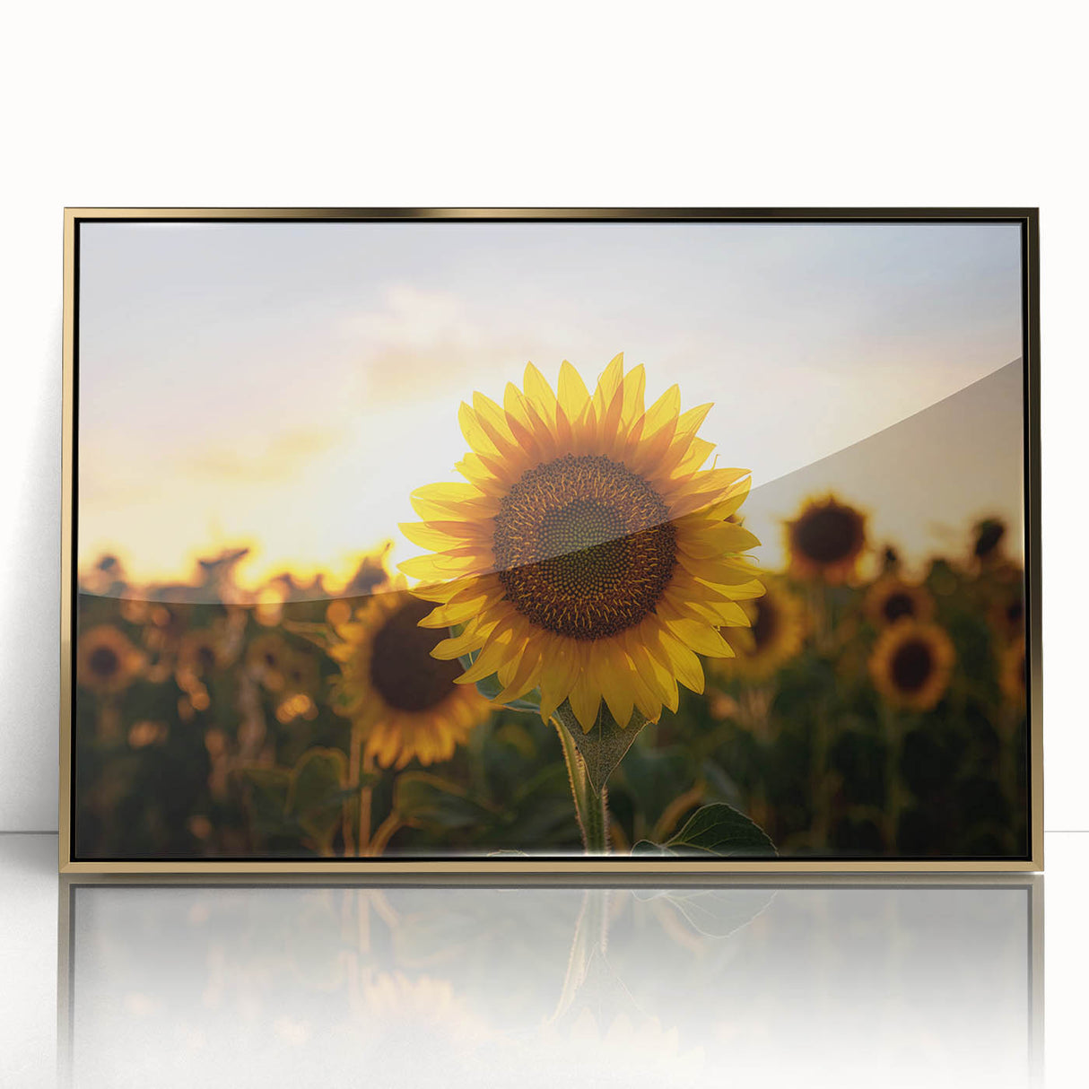 Mid-century modernist Kansas scenery in gold and green hues on a framed acrylic, suitable for modern art wall decor.