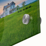 Large abstract wall art on acrylic glass depicting a serene Kentucky landscape in muted earth tones.