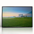Large abstract wall art depicting rolling Kentucky hills in muted greens and blues, framed in black acrylic.