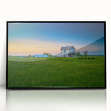 Large abstract wall art depicting rolling Kentucky hills in muted greens and blues, framed in black acrylic.