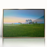 Large art print of a Kentucky landscape in gold acrylic frame, featuring mid-century modernist style.