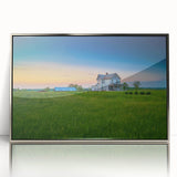 Mid-century modernist art of Kentucky scenery in muted earth tones on a silver-framed acrylic print.