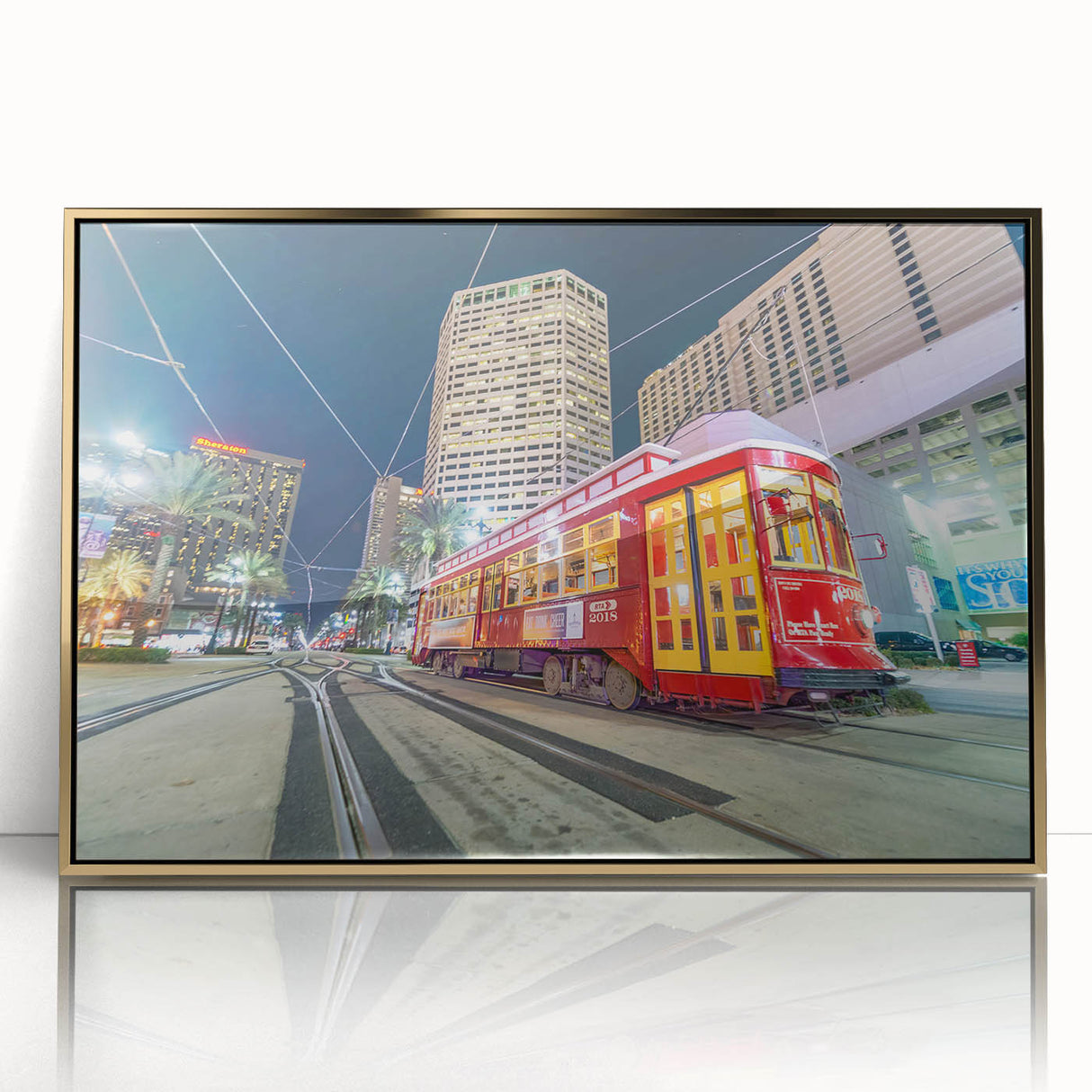 Acrylic print of New Orleans scenery in gold frame, featuring mid-century modernist style, ideal for nursery wall art.