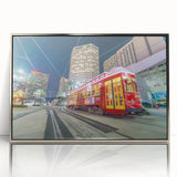 Mid-century modernist art depicting New Orleans skyline in muted gray tones on a framed acrylic print.