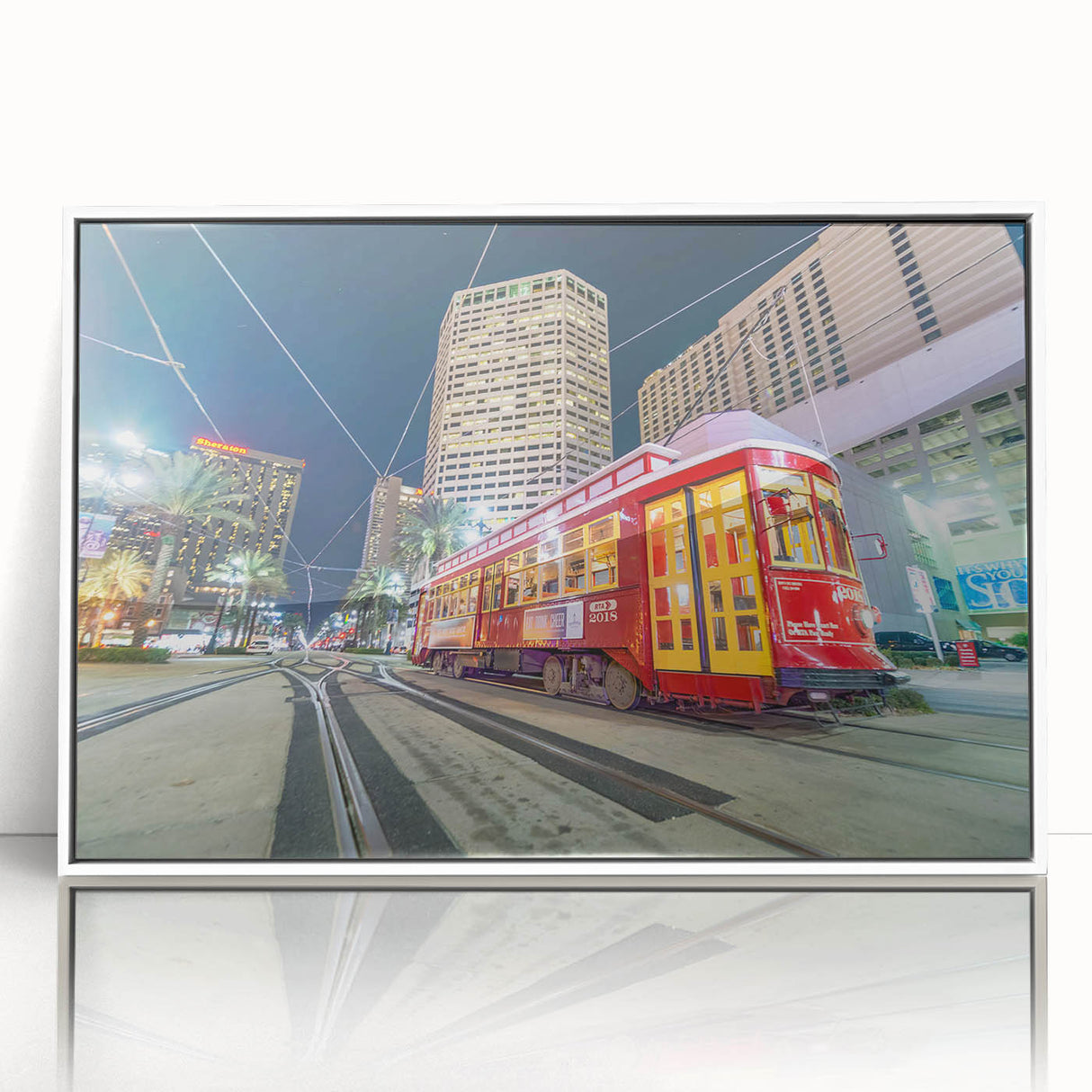 Art deco poster of New Orleans scenery in muted colors on framed acrylic, ideal for modern nursery wall art.