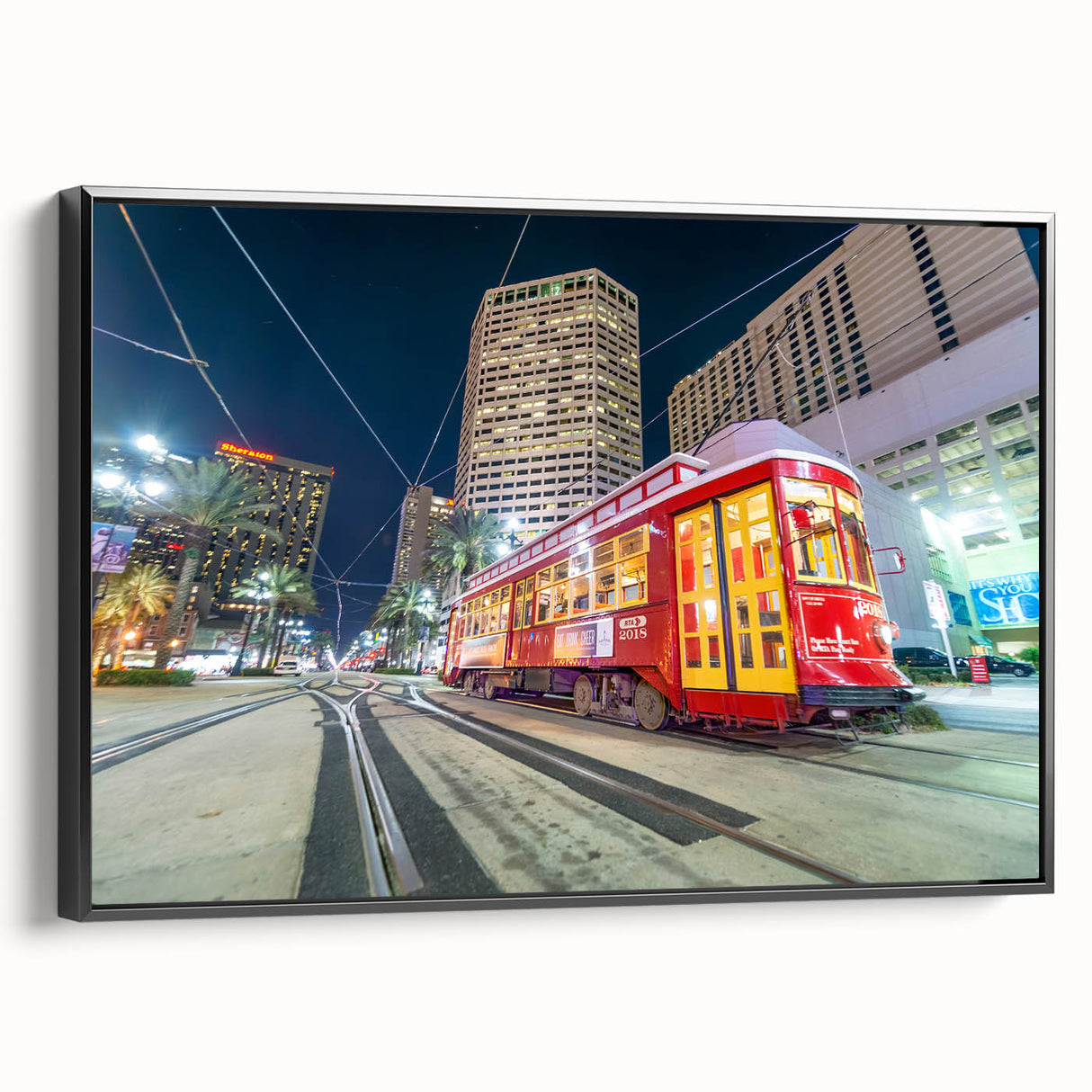 Black and white framed canvas of New Orleans landscape, featuring vintage poster art style, ideal for bedroom wall decor.