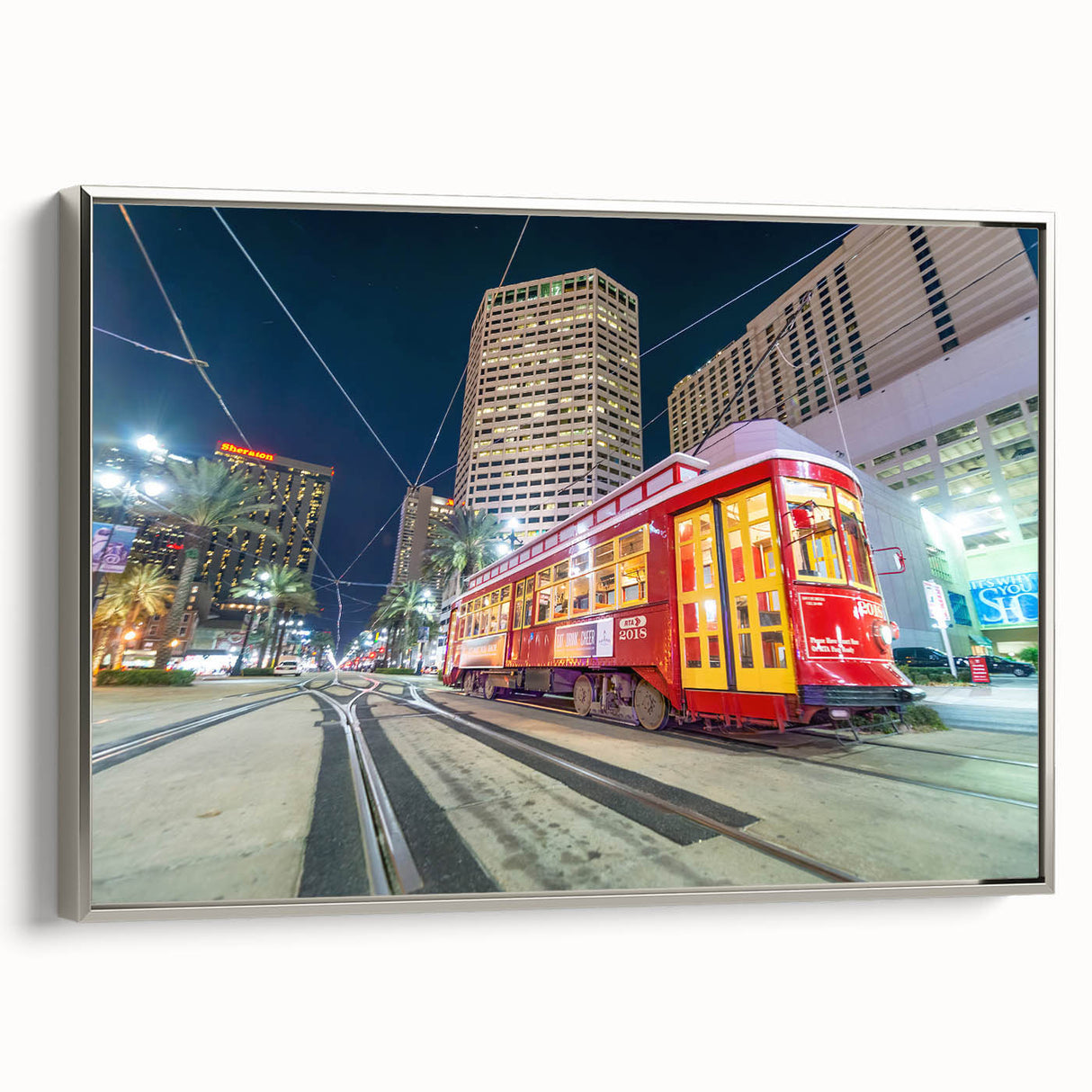 Framed canvas of a vintage-style New Orleans landscape with colorful hues, ideal for living room decor.