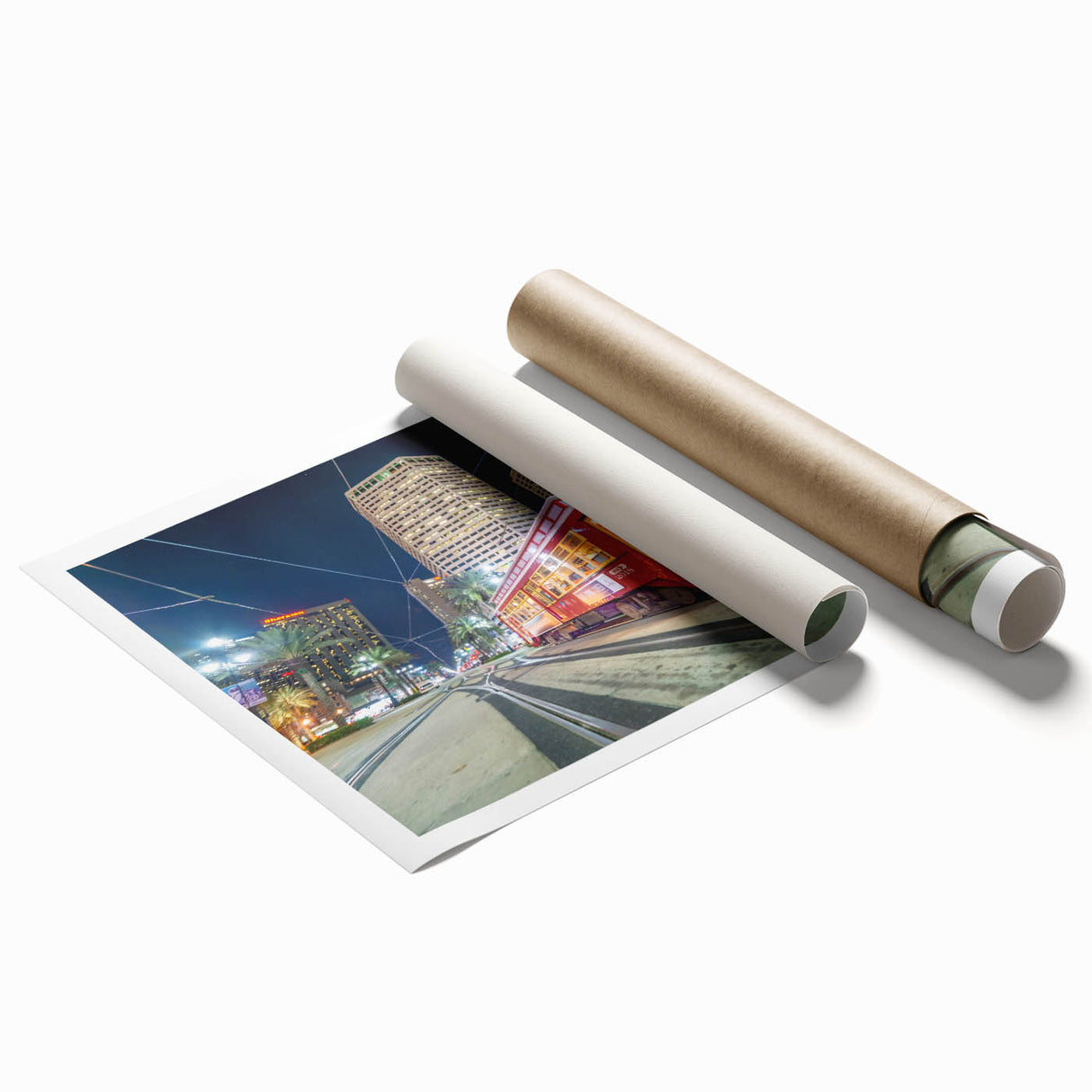 Rolled print of New Orleans scenery with floral accents in soft hues, ideal for classy bathroom wall art.