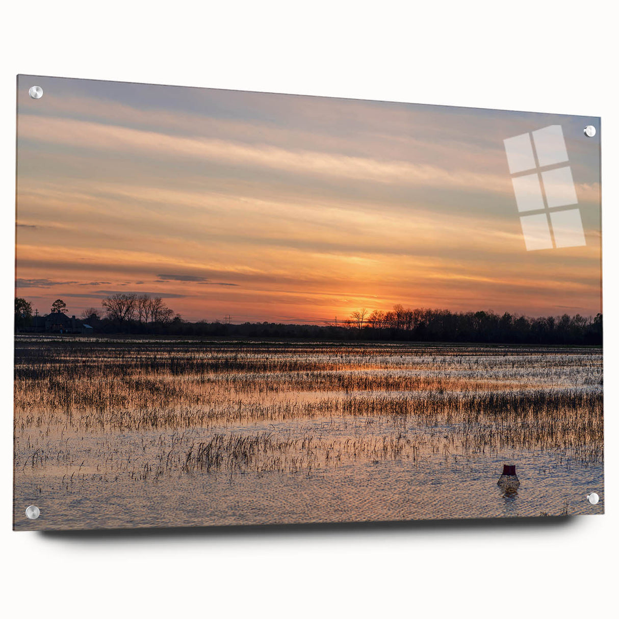 Large abstract wall art depicting a Louisiana scenery in muted green and blue tones on acrylic glass.