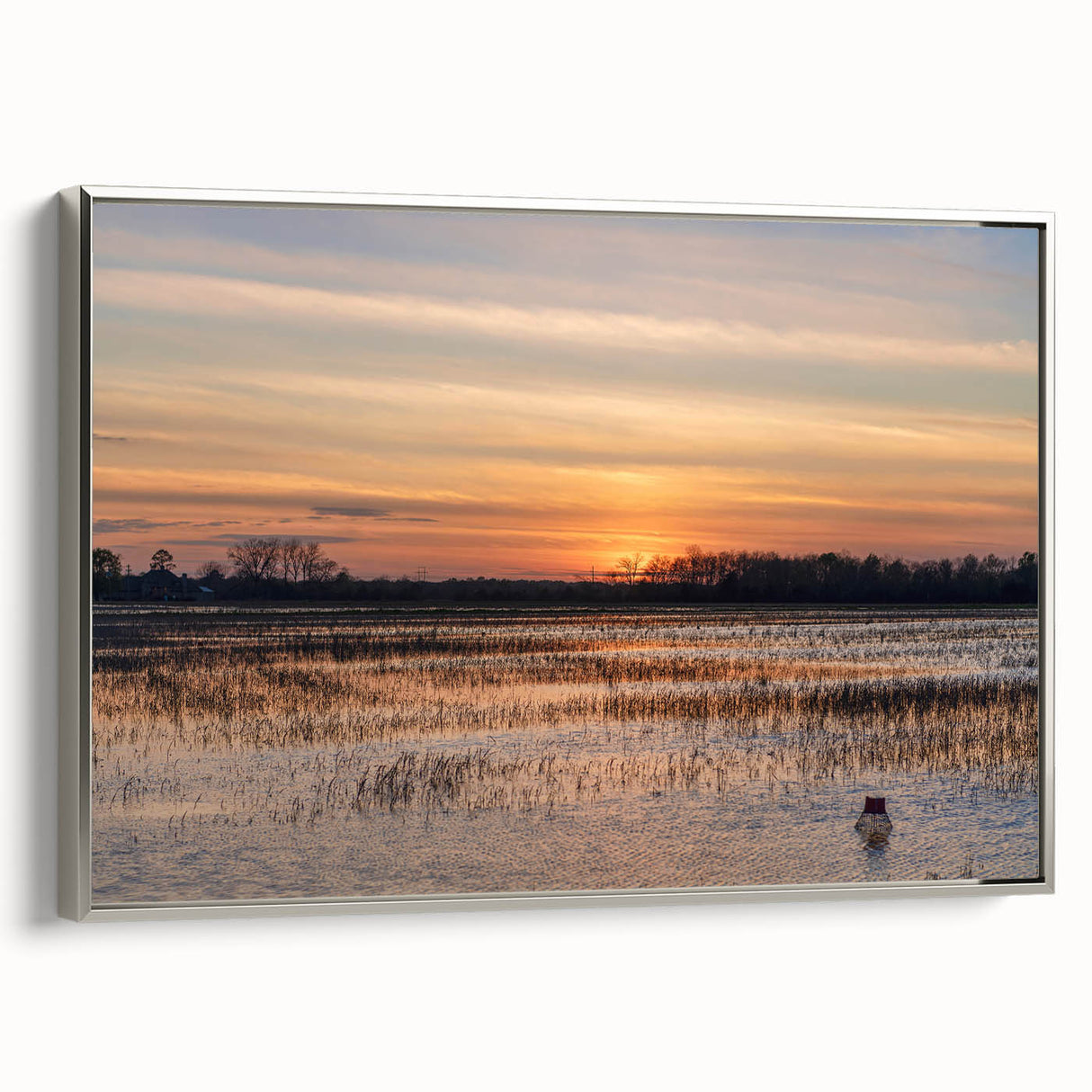 Landscape art painting of a Louisiana scene on framed canvas, featuring a vintage style with colorful and black elements.