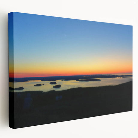 Acadia National Park landscape on large stretched canvas, featuring deep green and blue tones, ideal for kitchen wall art.