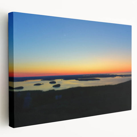 Acadia National Park landscape on large stretched canvas, featuring deep green and blue tones, ideal for kitchen wall art.
