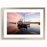 Textured art print of Maine scenery in muted blue and green, framed in silver, ideal for bedroom art.