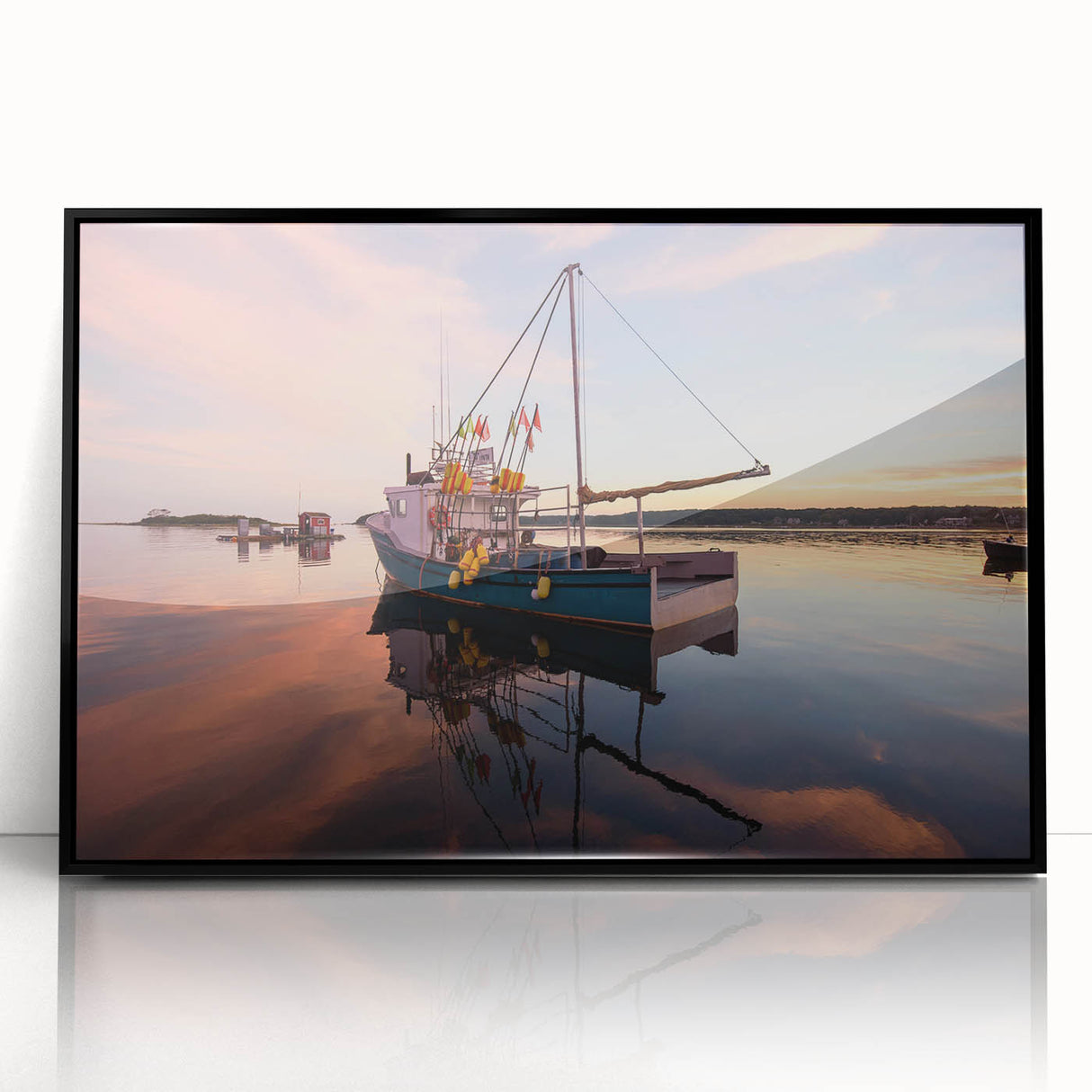 Large abstract wall art depicting a serene Maine landscape in muted earth tones, framed in black acrylic.